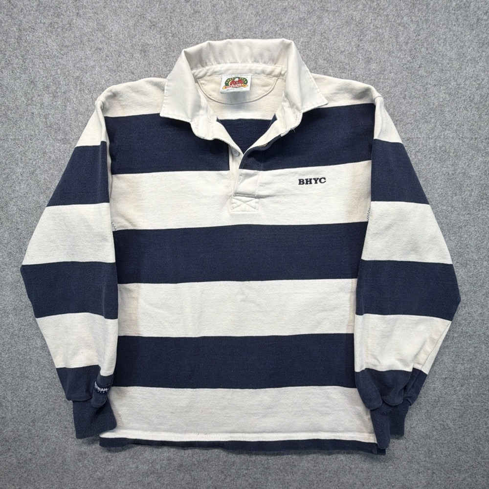 Vintage Barbarian Rugby Navy Blue White Polo Shirt Size Medium BHYC